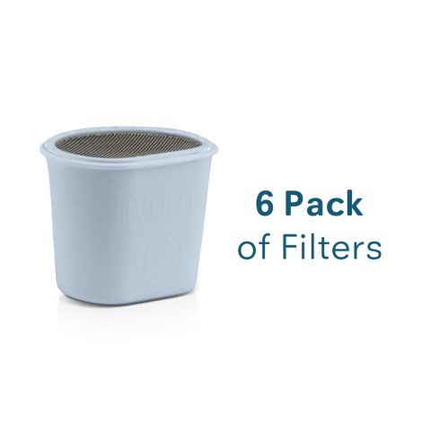 A single light blue replacement filter cartridge with a dark mesh top, shown next to the text '6 Pack of Filters' on a white background.