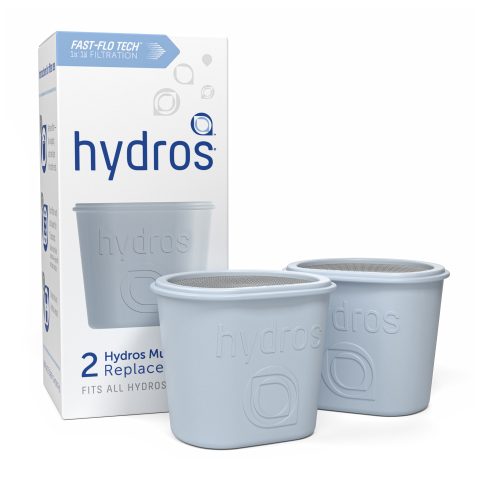 Two light blue Hydros replacement filter cartridges displayed in front of their white and blue retail packaging box on a clean white background.