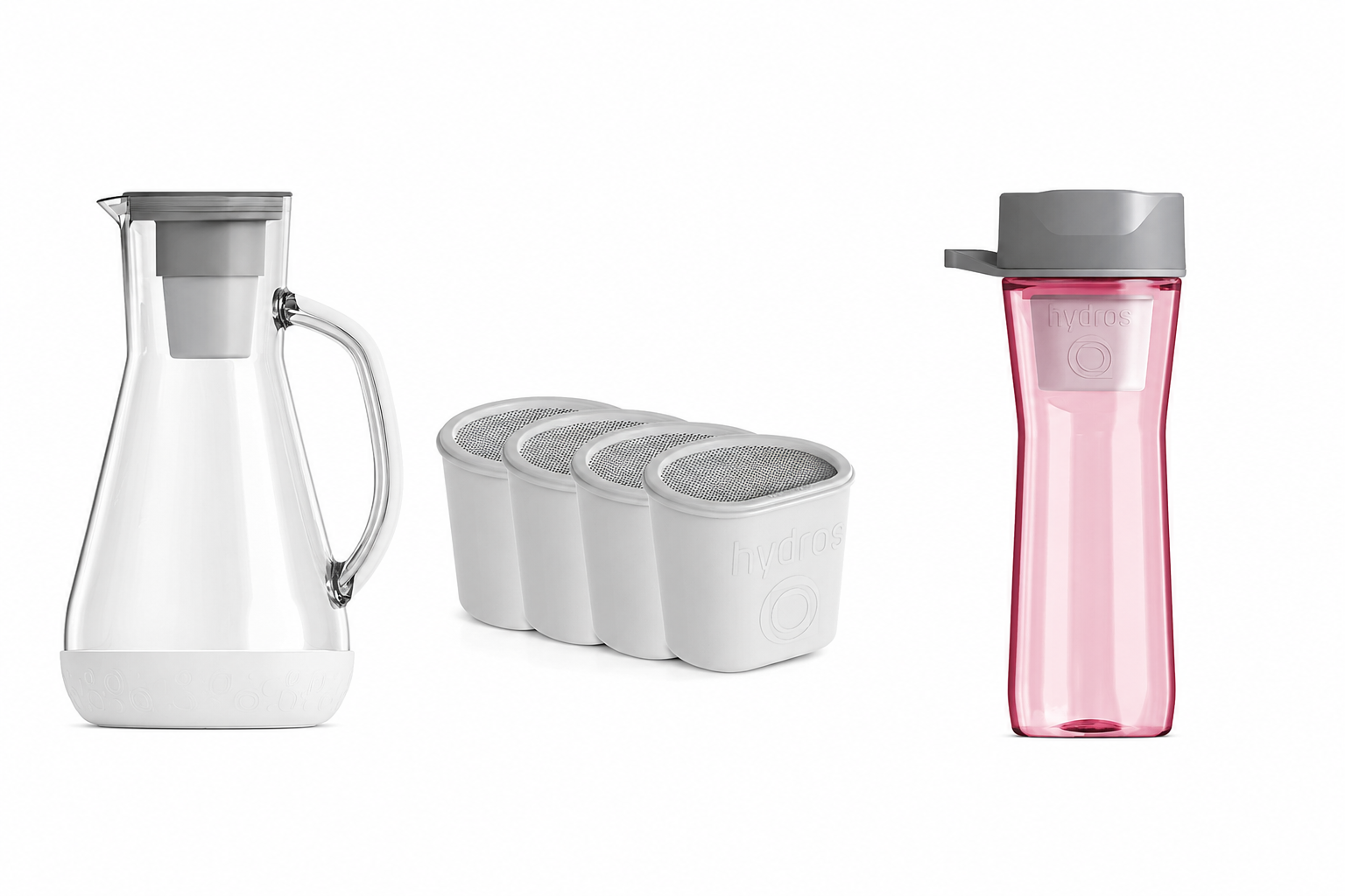 Hydros Glass Carafe + Filter Bottle + Extra Filters Bundle