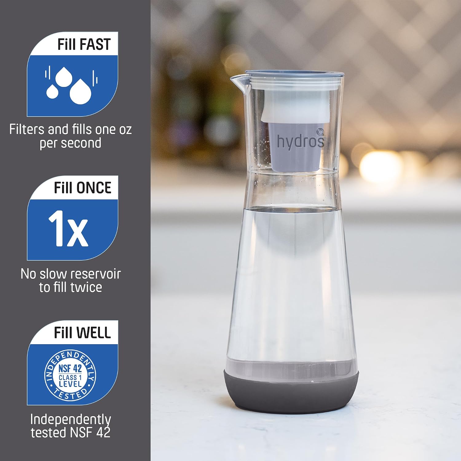 Hydro pitcher with features highlighted on a blurred background