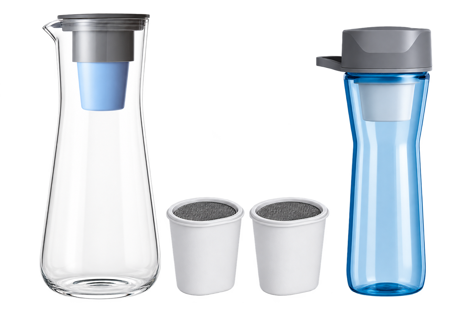Hydros 64 oz Glass Filter Pitcher + Bottle + Extra Filters Bundle